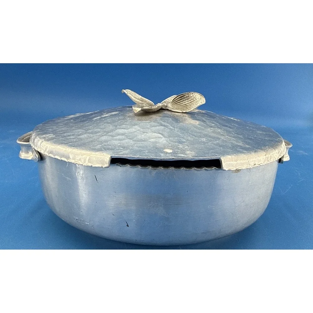 Vtg Hammered Aluminum Covered Dish Tulip Design HandWrought Creations-Rodney Ken